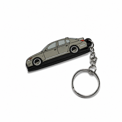 Grey BMW E60 sedan car keychain with metal ring