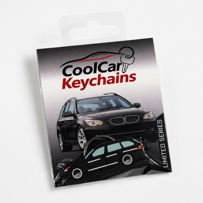 Packaging of CoolCar Keychains with a black BMW E60 Wagon keychain on a white background
