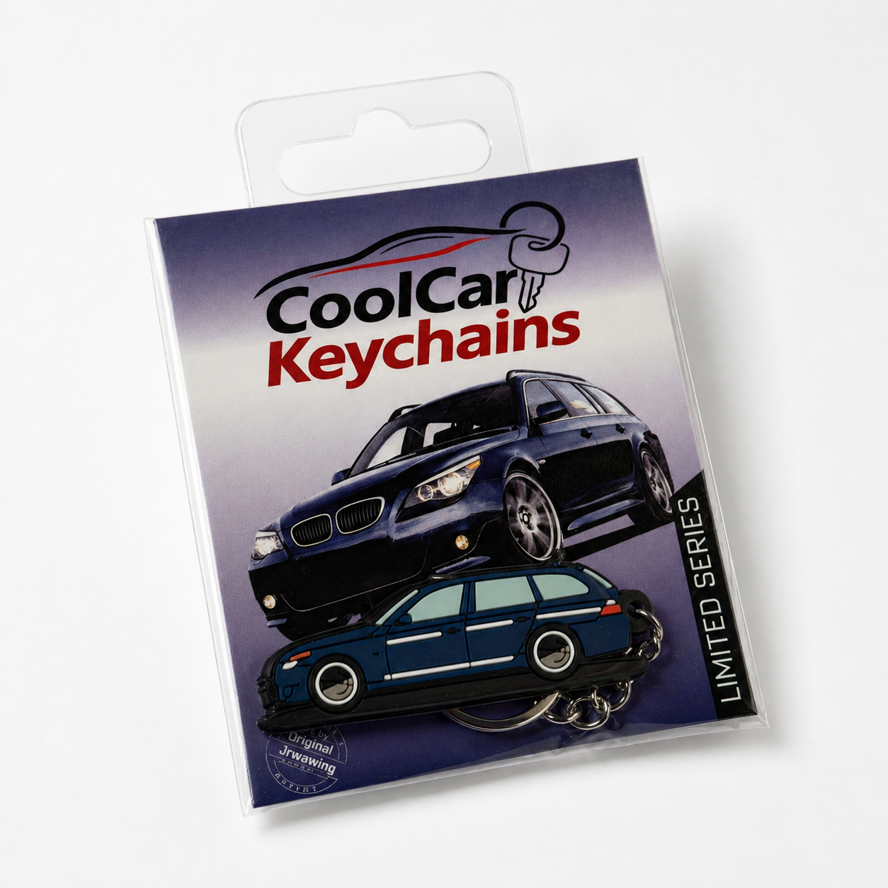 Packaging of CoolCar Keychains with blue BMW E60 Wagon keychain on a white background