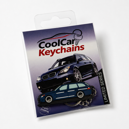 Packaging of CoolCar Keychains with blue BMW E60 Wagon keychain on a white background