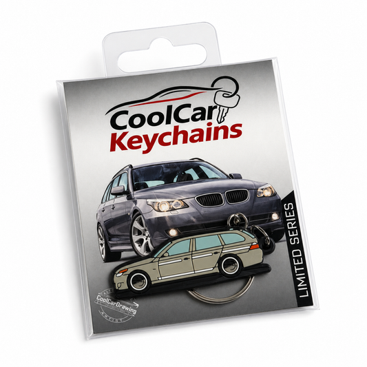 Packaging of Cool Car Keychains with grey BMW E60 Wagon keychain on a white background