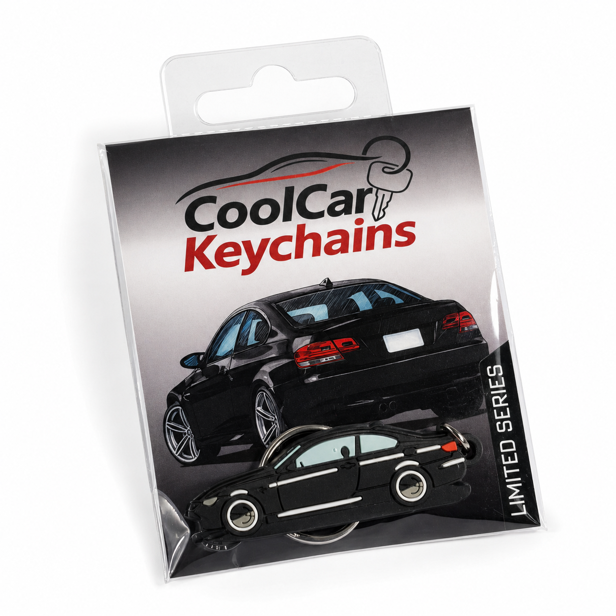 Packaging of Cool Car Keychains with black BMW E92 keychain on a white background