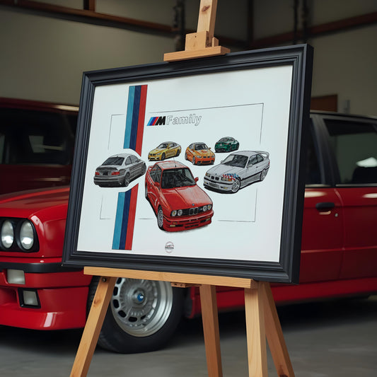 bmw family poster with bmw e30 in background