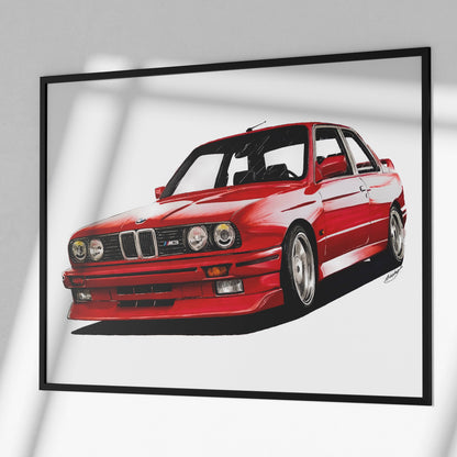 bmw e30 poster, bmw car drawing