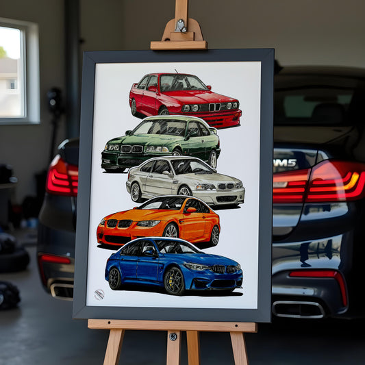 BMW m3 family poster in balck frame in front of the black bmw