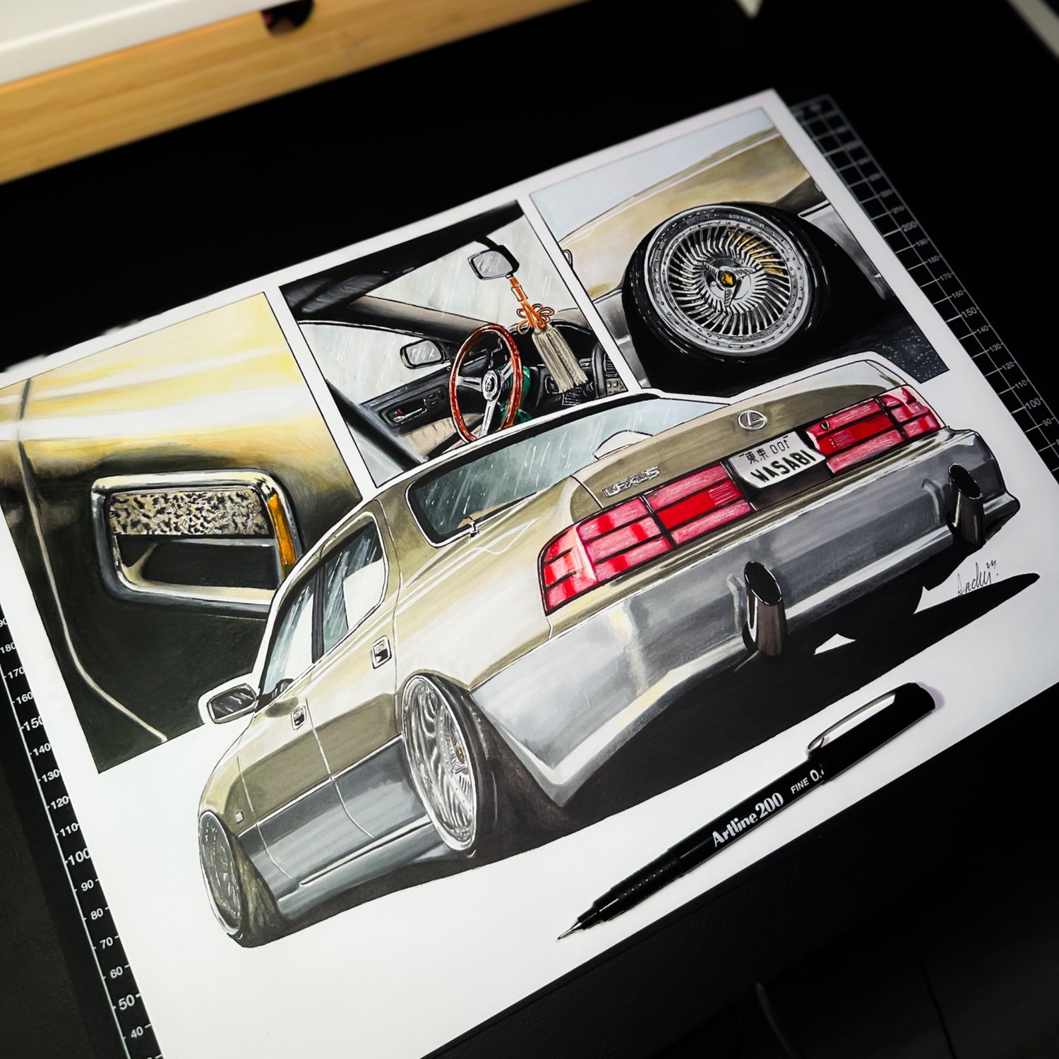 Custom, Detailed hand-drawn car drawingon a paper.