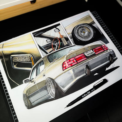 Custom, Detailed hand-drawn car drawingon a paper.