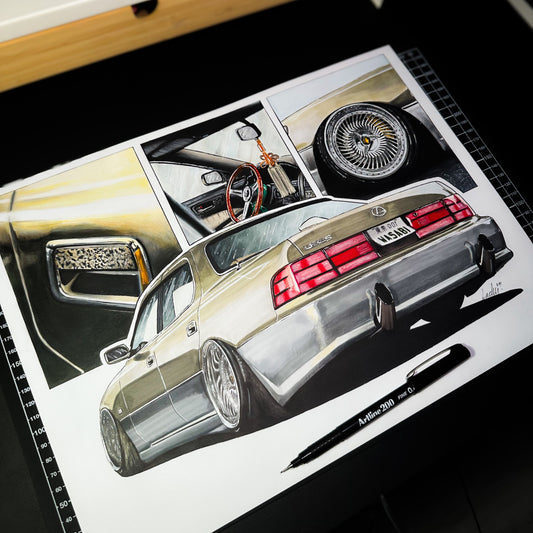 Custom, Detailed hand-drawn car drawingon a paper.