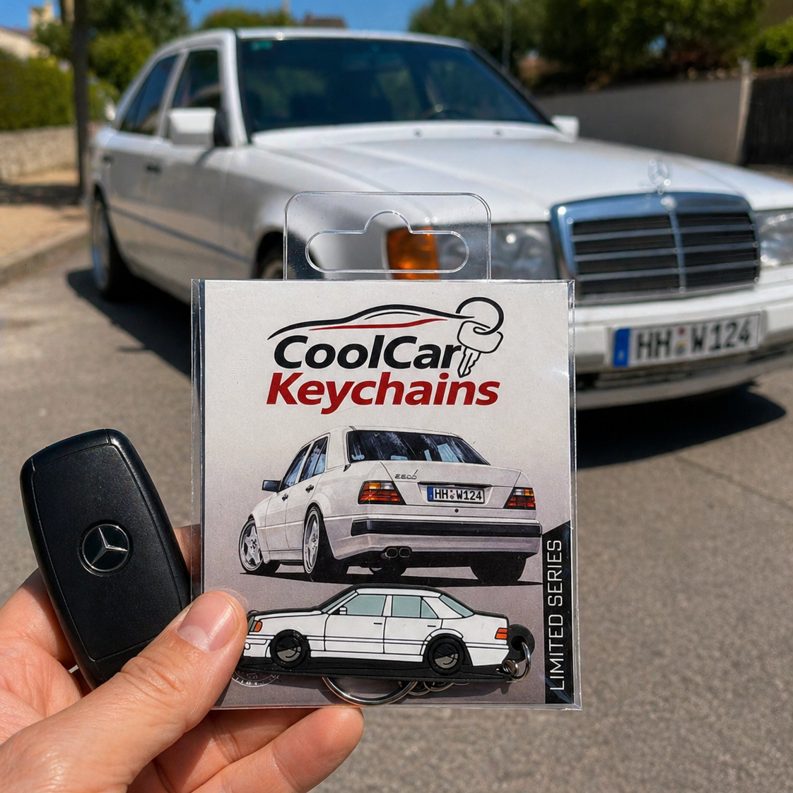 Hand holding a 'CoolCar Keychains' package with a Mercedes-Benz car in the background.