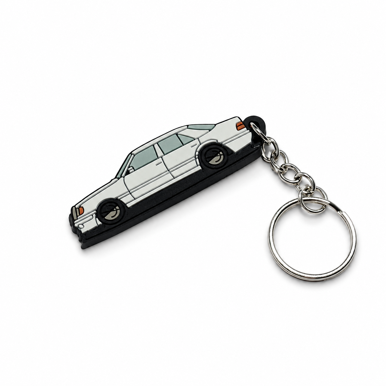 White Mercedes E500 W124 car keychain with metal ring
