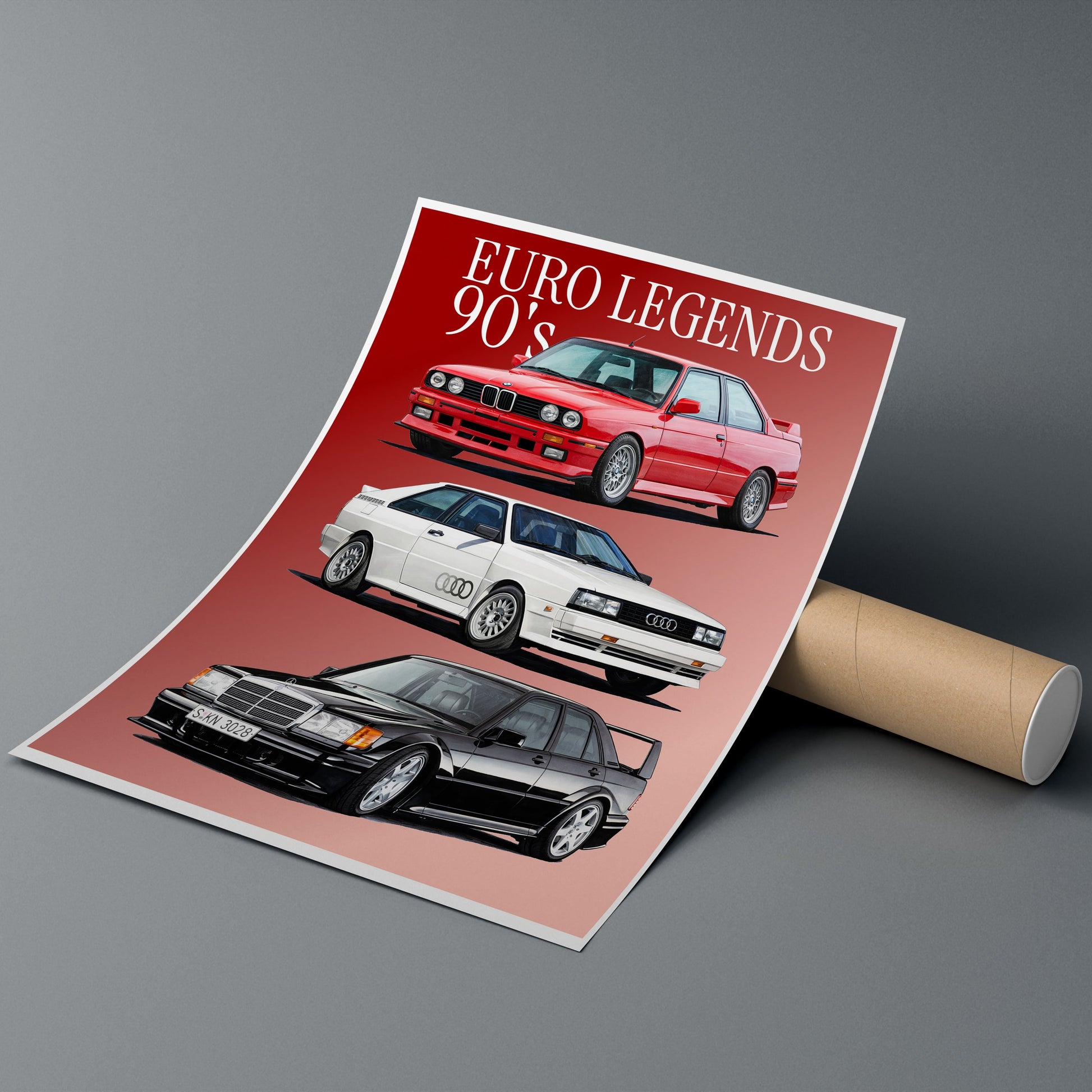 Poster of Euro Legends 90's cars on a gray background