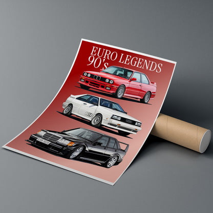 Poster of Euro Legends 90's cars on a gray background