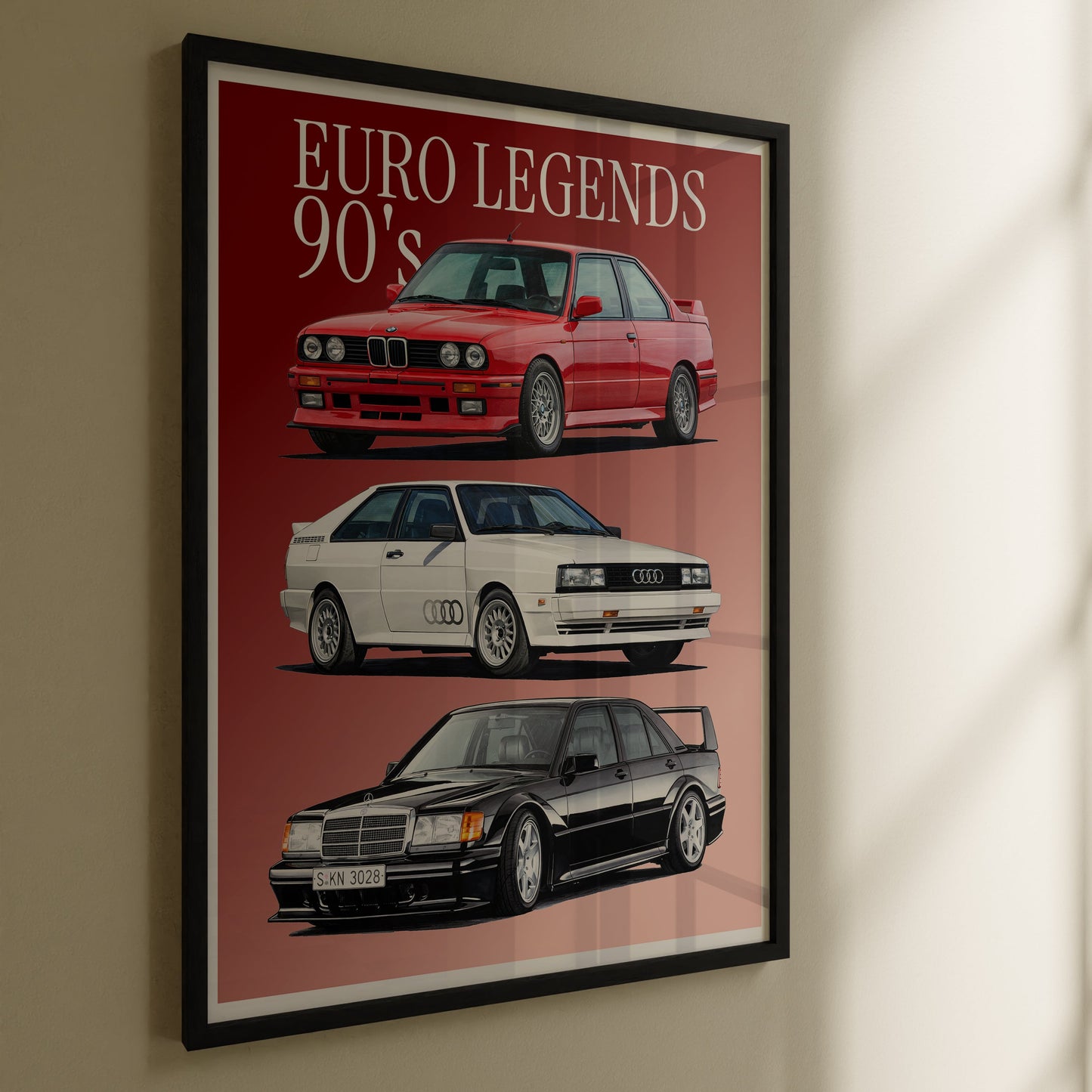 Framed poster of Euro Legends 90's cars on a wall.