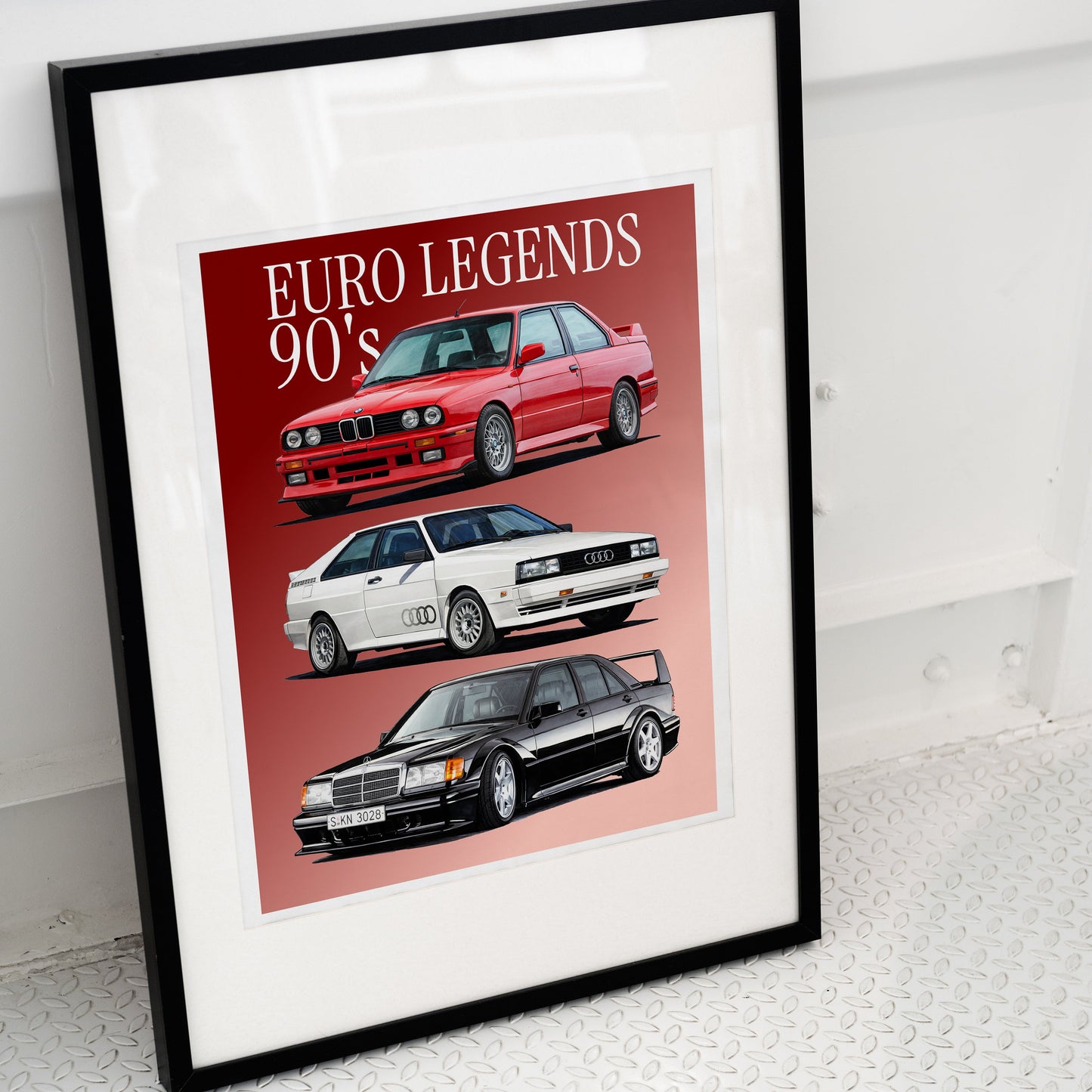Framed poster of three classic cars with 'Euro Legends 90's' text on a red background.