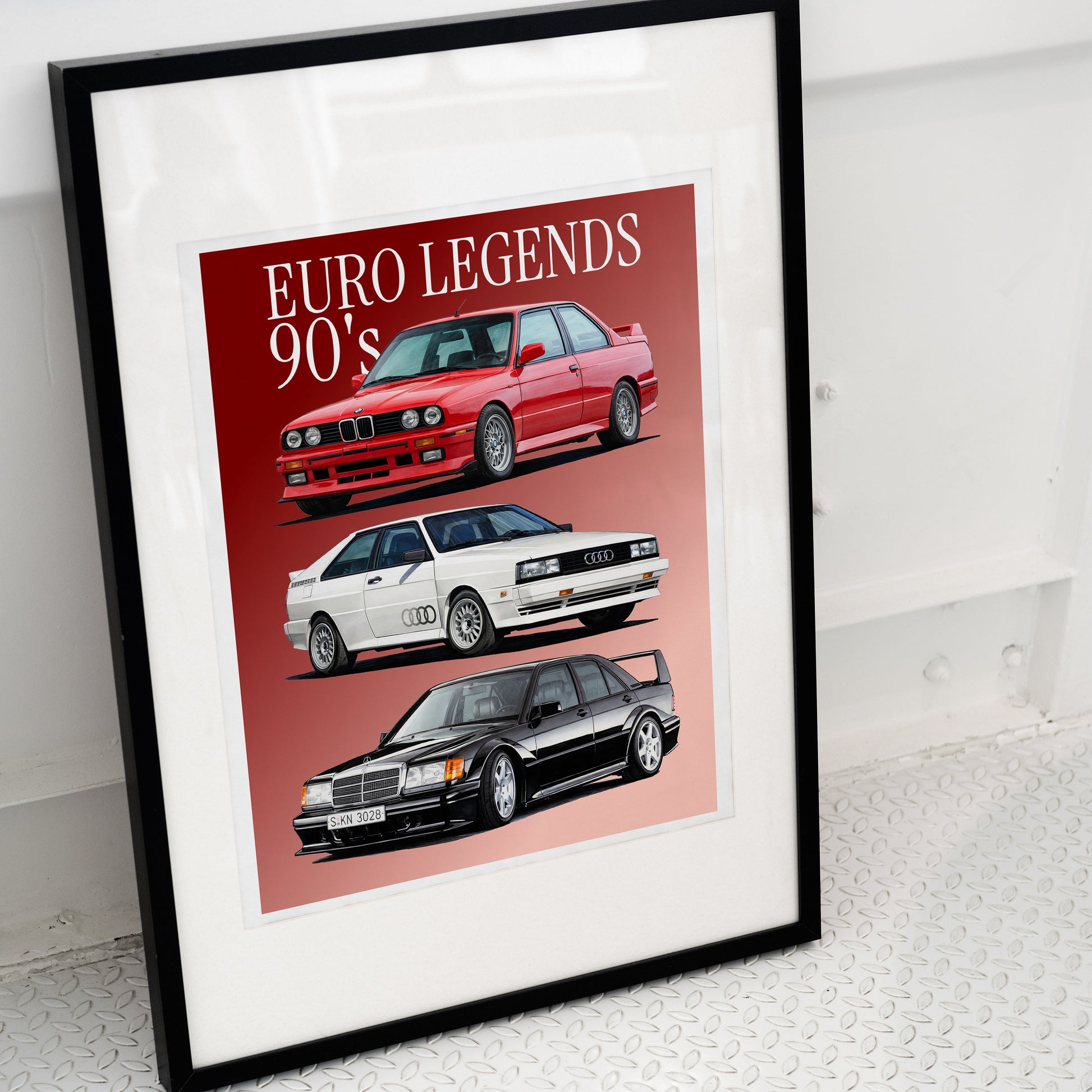 Framed poster of three classic cars with 'Euro Legends 90's' text on a red background.
