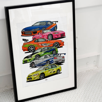 Framed Fast and Furious movie poster with 6 cars framed in black frame on ground