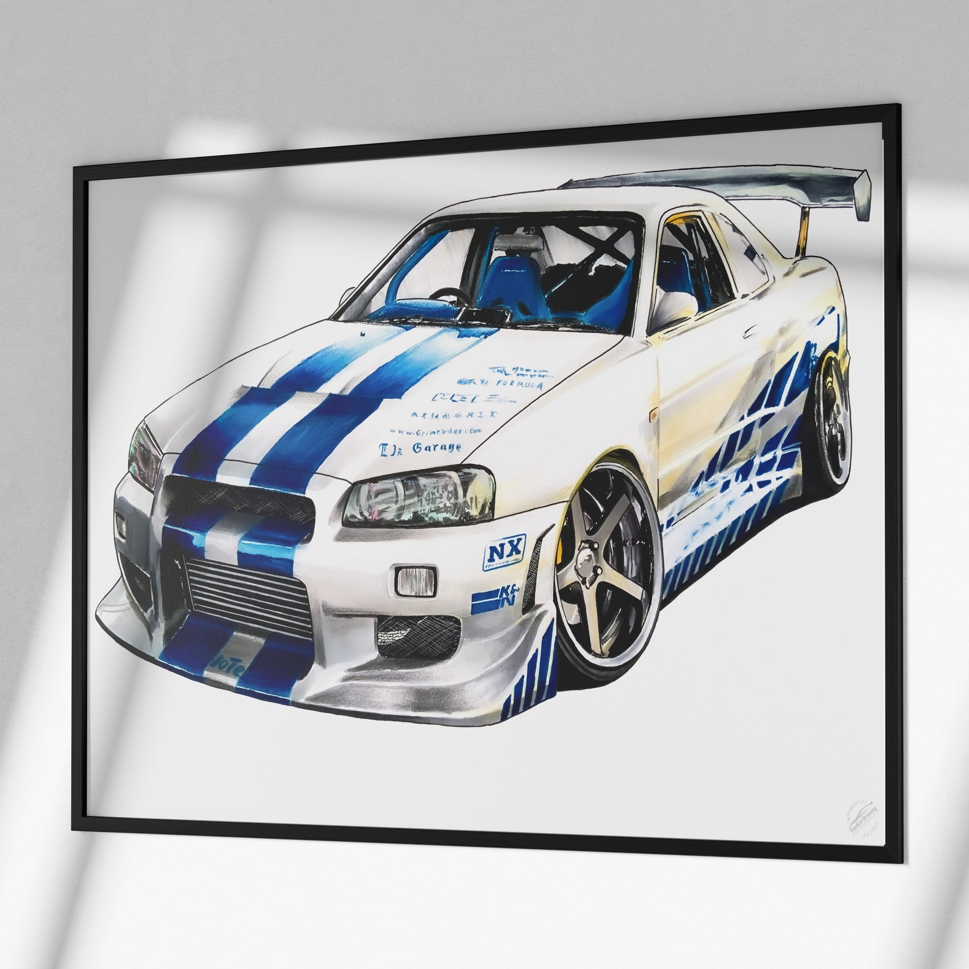 nissan r34 fast and furious poster in black frame