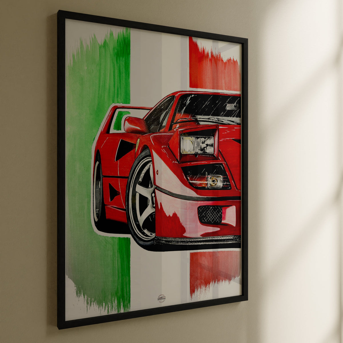 Ferrari F40 drawing with Italian flag in background in black frame hanging on wall