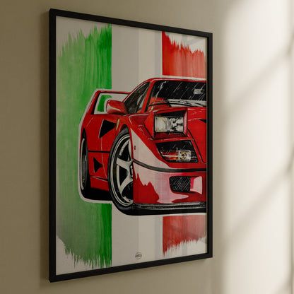Ferrari F40 drawing with Italian flag in background in black frame hanging on wall