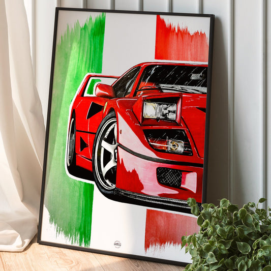 ferrari f40 poster with italian flag in frame placed on ground