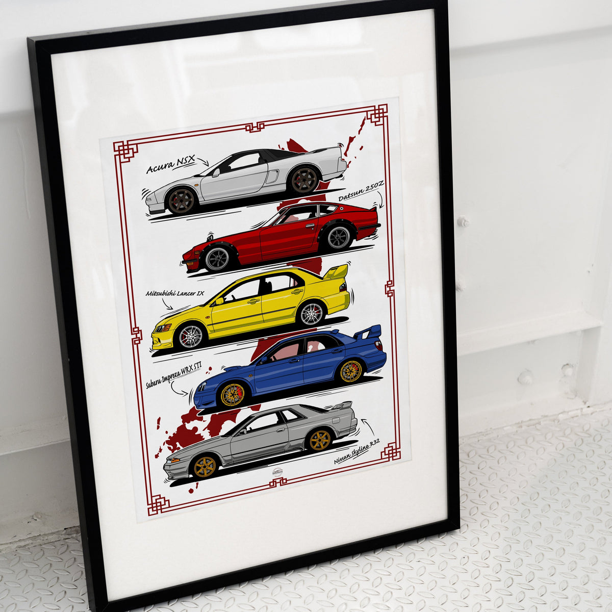 JDM Legend poster in black frame placed on ground
