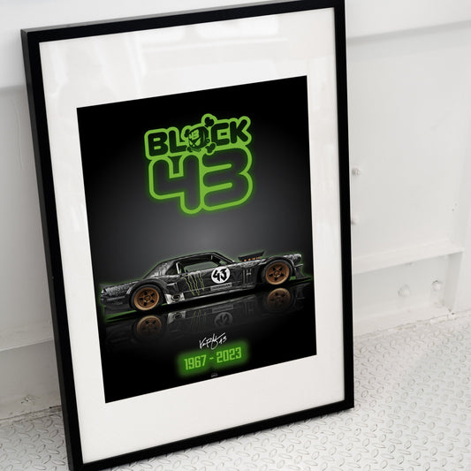 Ken Block tribute poster of Ford Mustang Hoonicorn drift car in black frame