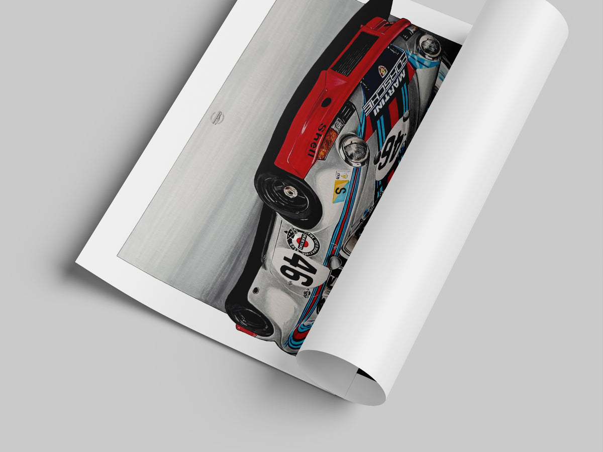 A rolled Martini Porsche Carerra car poster or print shown at an angle on a light gray background