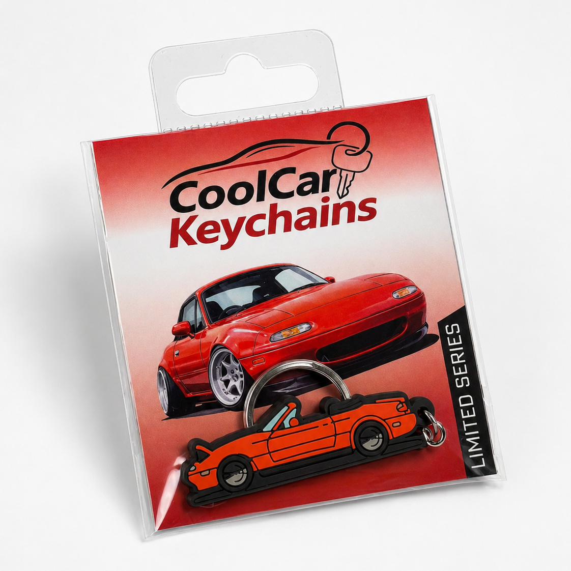 Packaging of CoolCar Keychains with a red Mazda Miata keychain on a white background