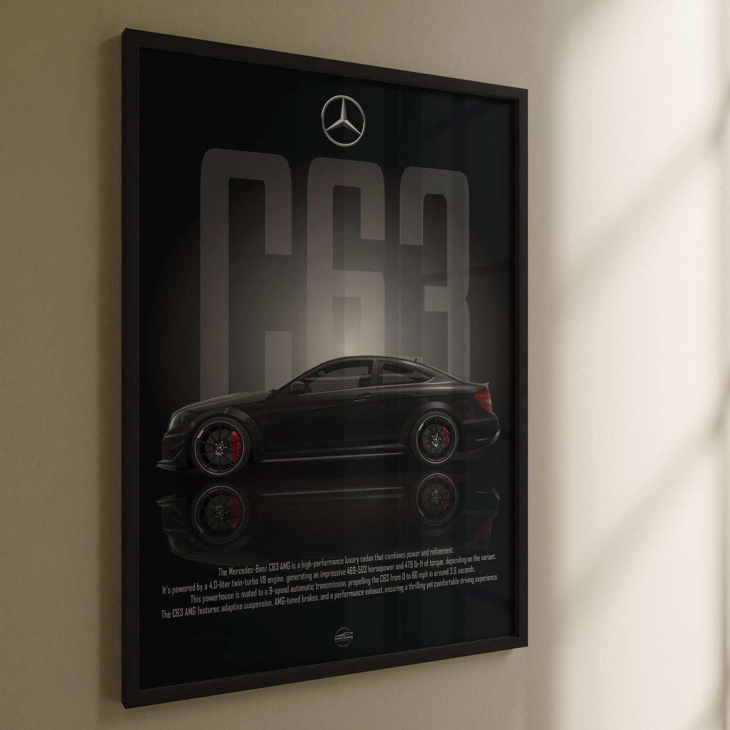 Framed poster of a Mercedes-Benz C63 on a wall