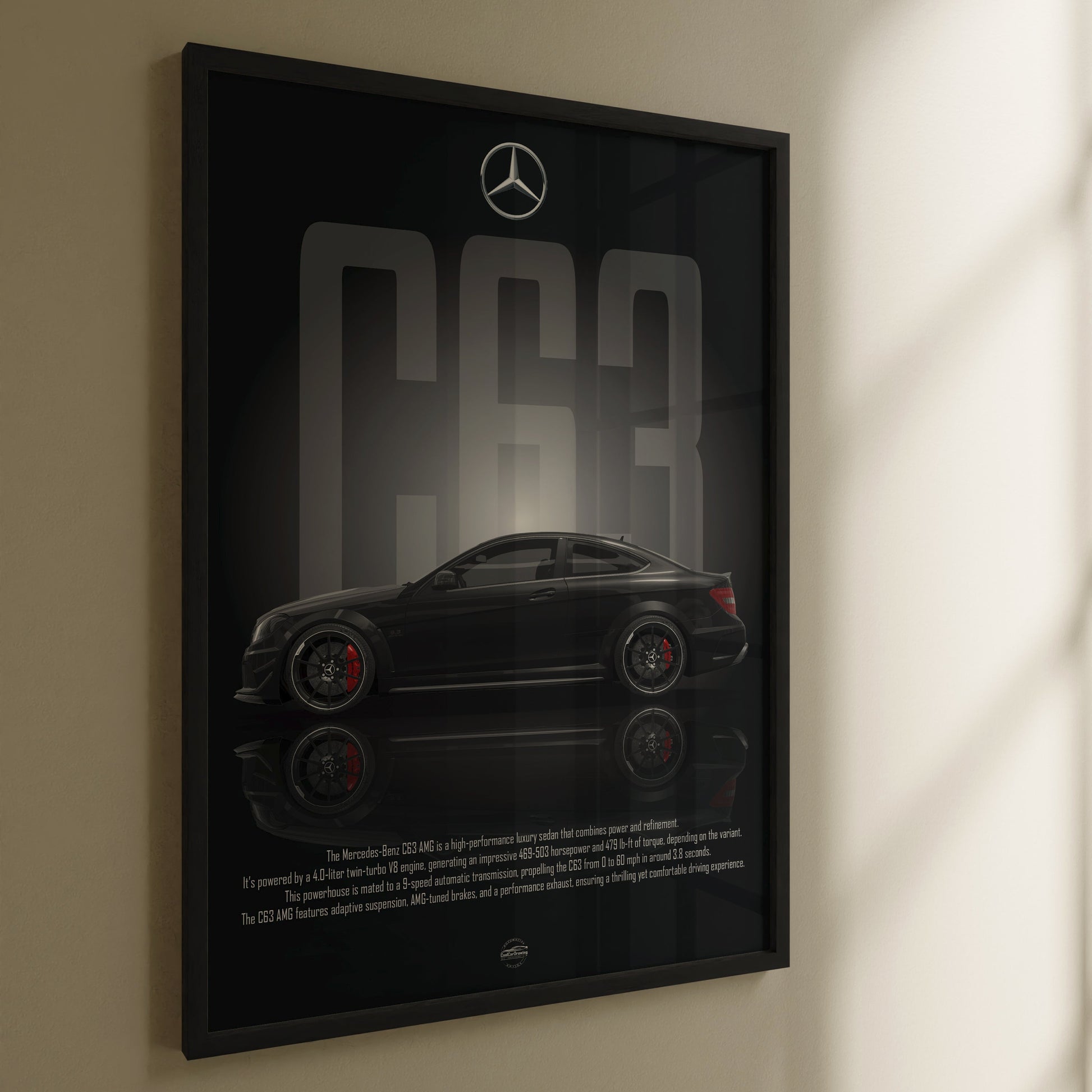 Framed poster of a Mercedes-Benz C63 on a wall