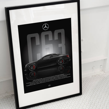 Framed poster of a Mercedes-Benz car with the model number 'C63' on a white surface.