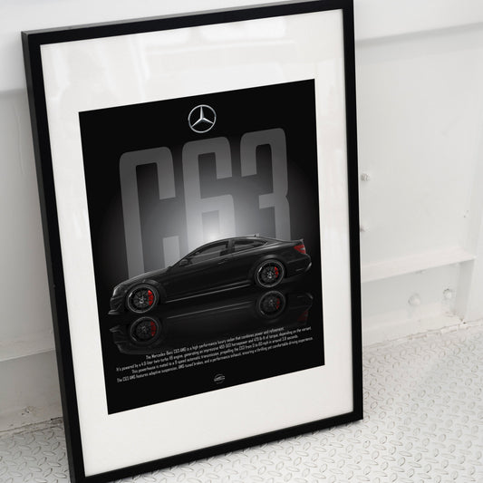 Framed poster of a Mercedes-Benz car with the model number 'C63' on a white surface.