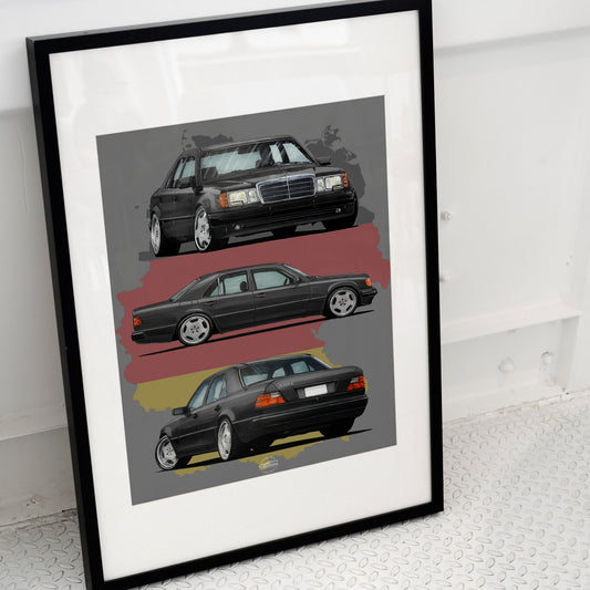 Framed artwork of three Mercedes-Benz cars on a gray background