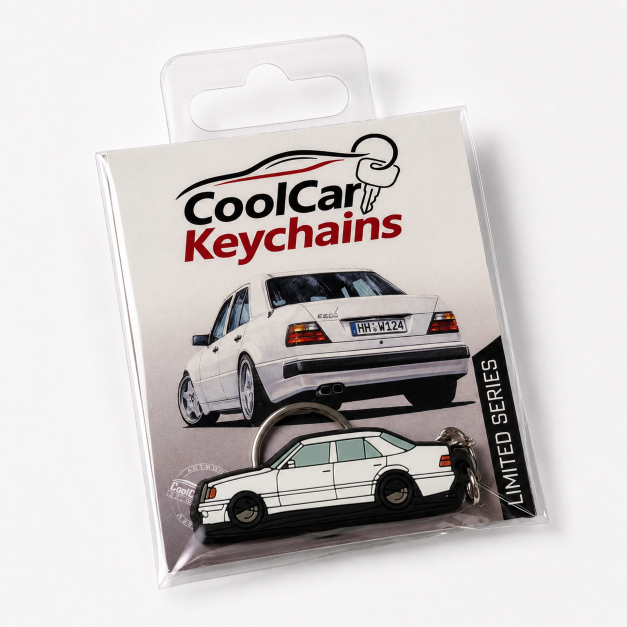 Packaging of Cool Car Keychain with white Mercedes E500 W124 keychain on white background