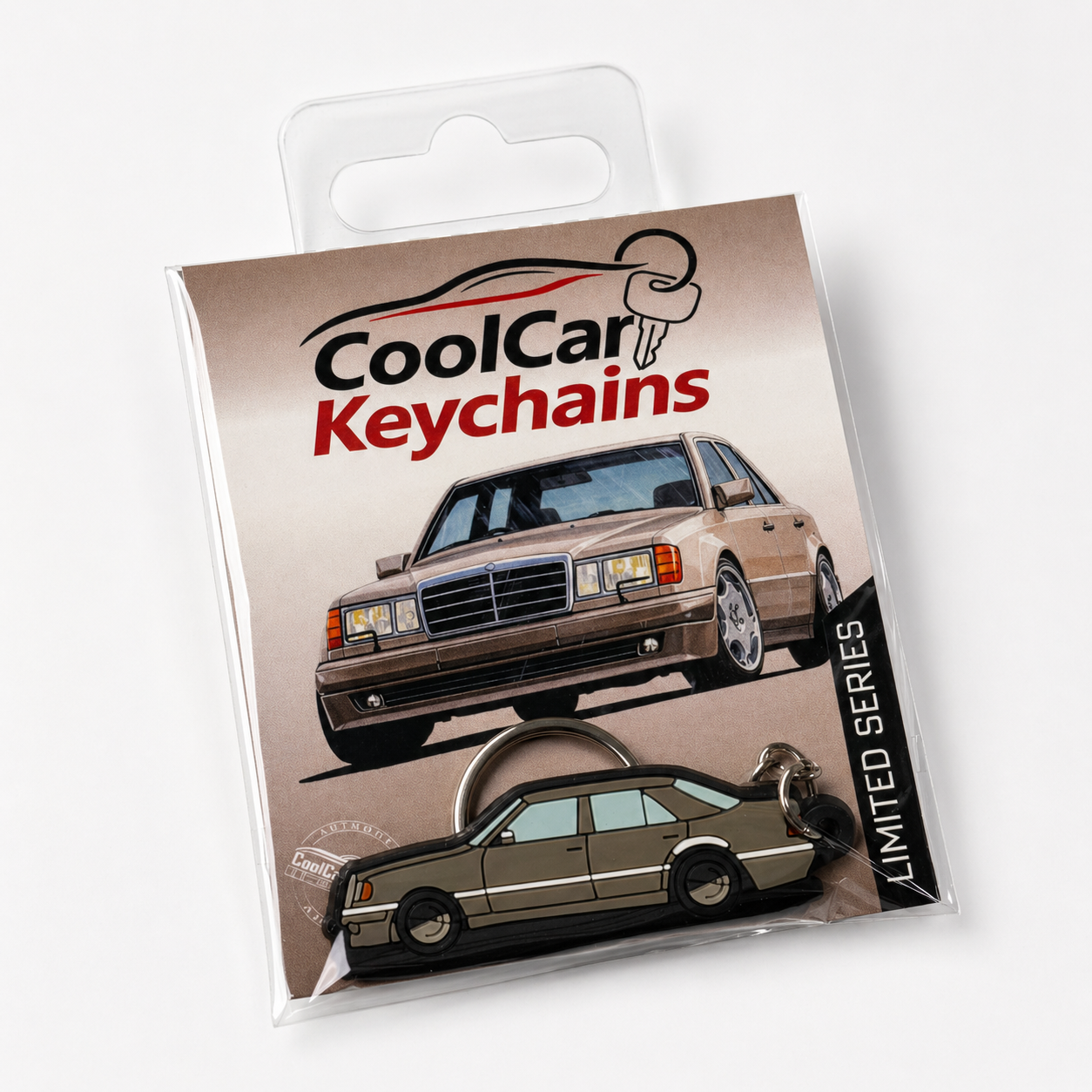 Packaging of CoolCar Keychains with a brown Mercedes E500 W124 keychain on a white background