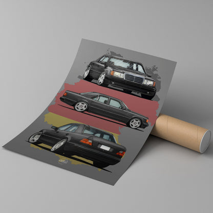 Poster with mercedes w124 illustration on a gray background