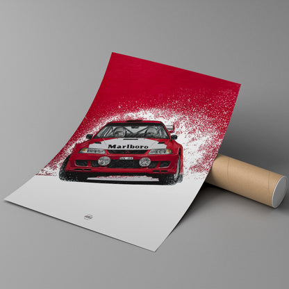 Poster of a red Mitsubishi rally car with 'Marlboro' branding on a gray background