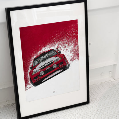 Framed artwork of a red Mitsubishi rally car with Marlboro livery on a white and red background