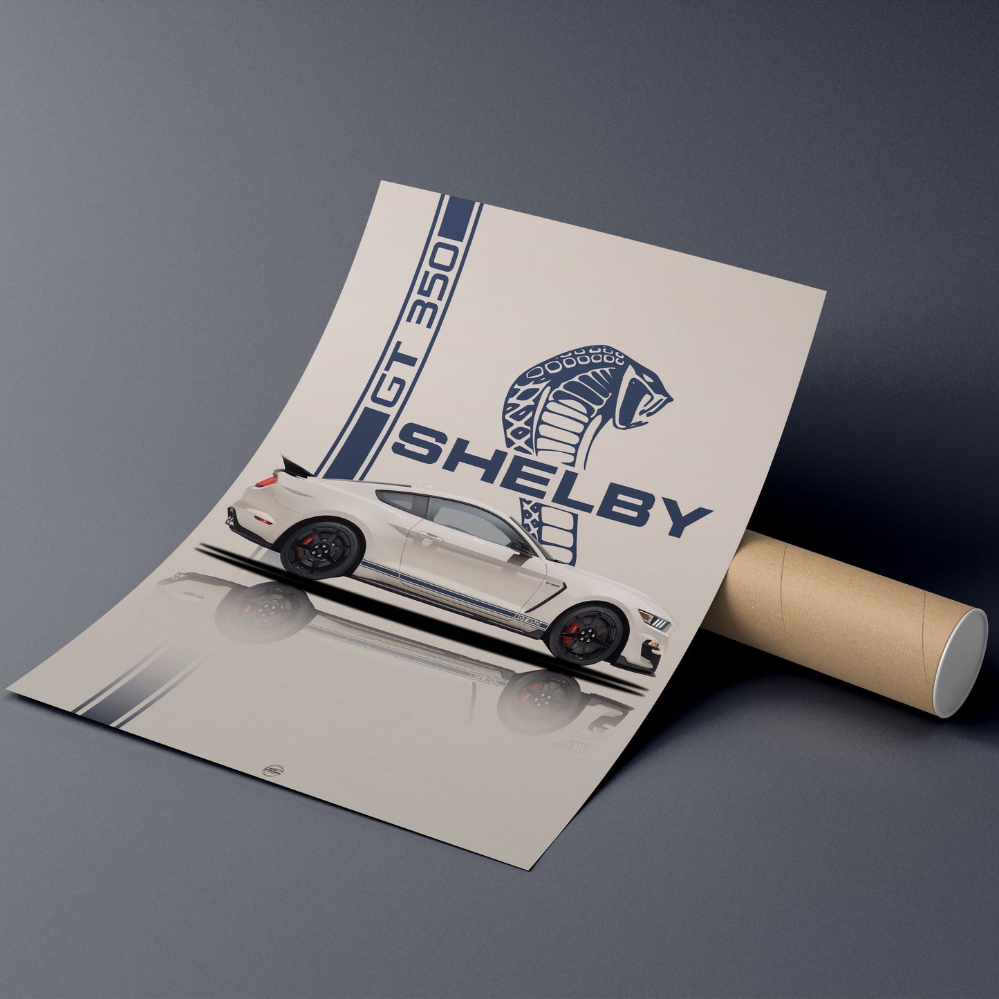 Shelby GT350 poster on a cylindrical object against a gray background
