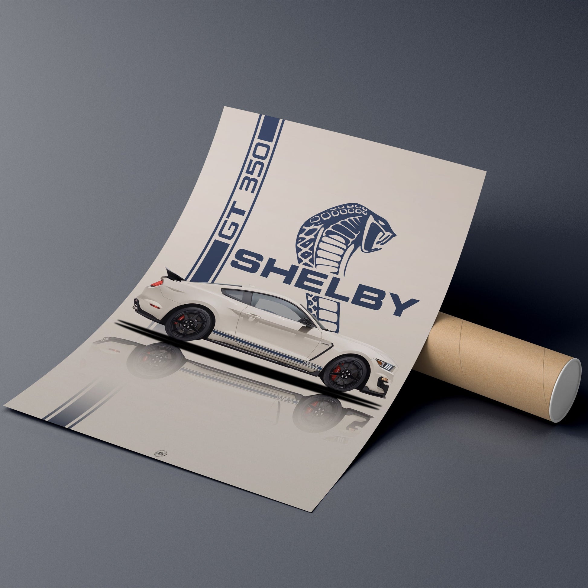 Shelby GT350 poster on a cylindrical object against a gray background