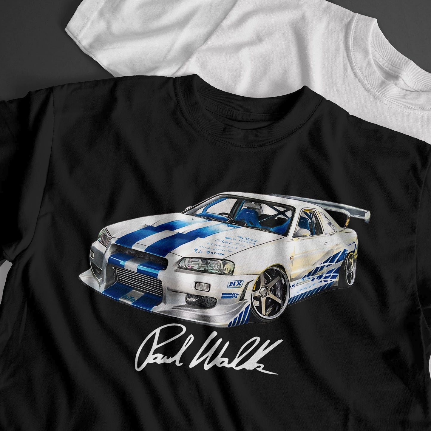 Black t-shirt with a car graphic and 'Paul Walker' signature on a white background