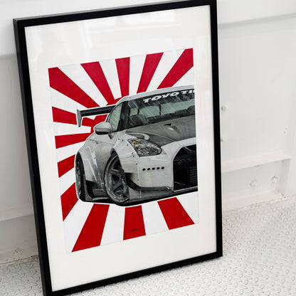 JDM drawing of Nissan Skyline R35 placed on ground in black frame