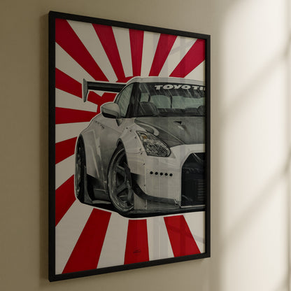 JDM R35 Skyline drawing on wall in black frame