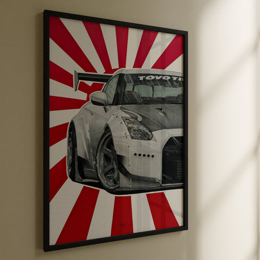 JDM R35 Skyline drawing on wall in black frame