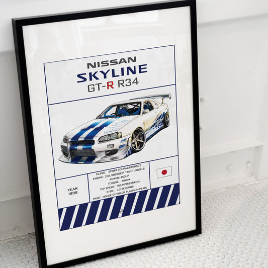 Nissan skyline R34 poster in black frame on ground