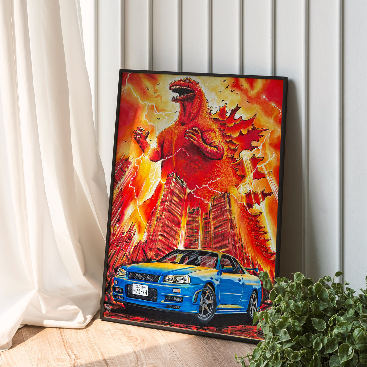 Poster of Nissan Skyline R34 Godzilla background in black frame