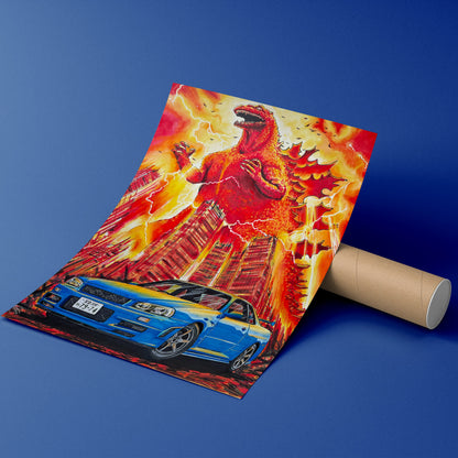 A rolled poster or print leaning against a blue background, showing a dramatic illustration of Godzilla rising from a city with lightning and a blue Nissan Skyline R34 in the foreground.