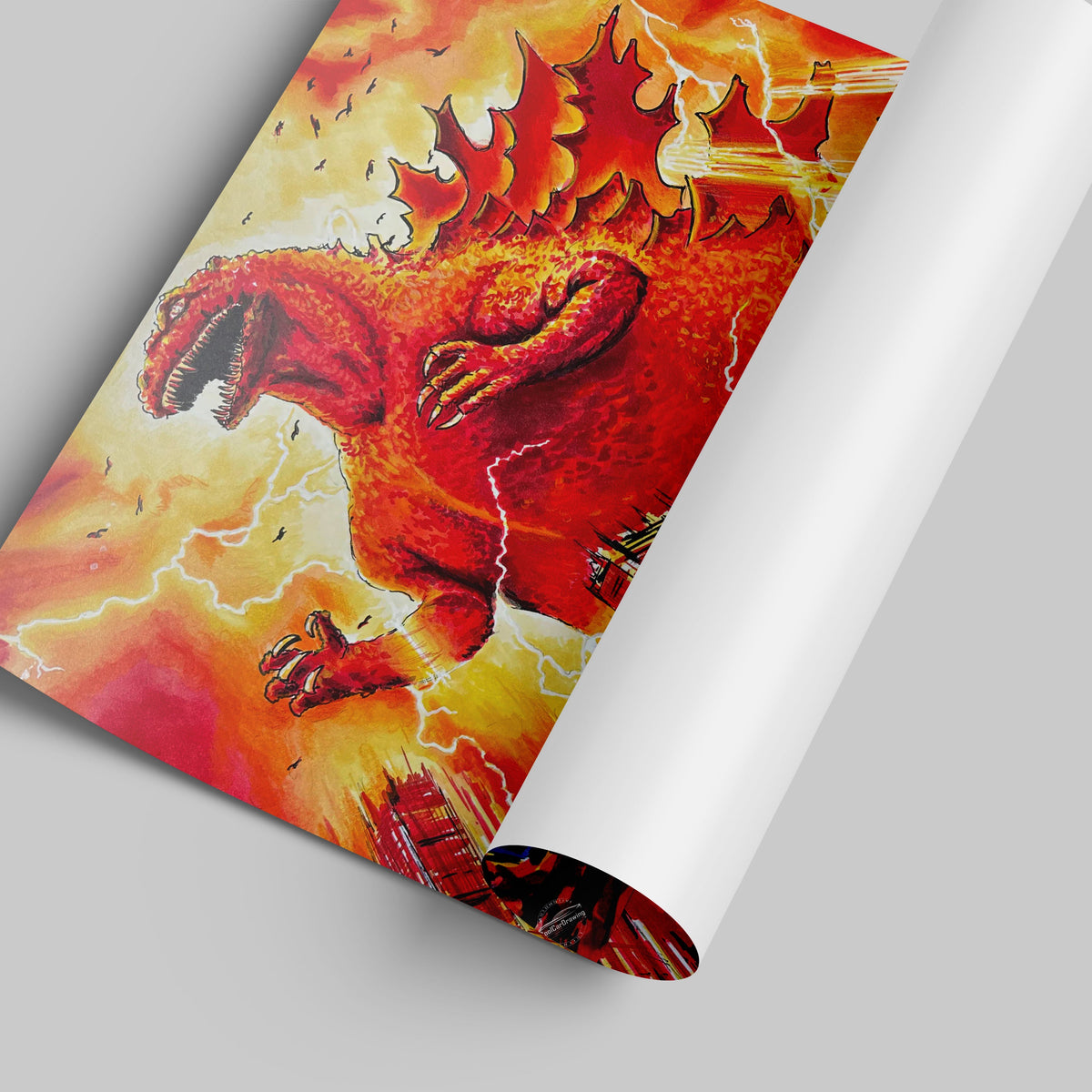 A rolled-up poster of Nissan R34 showing a fiery red godzilla with lightning in a yellow and orange background on a light gray studio background.