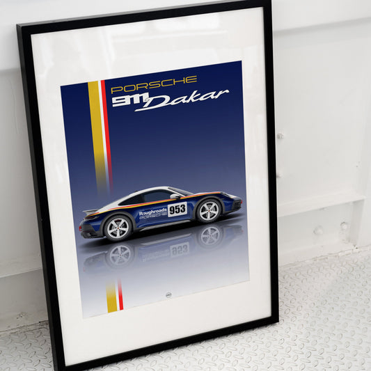 Porsche 911 Dakar poster in black frame placed on ground
