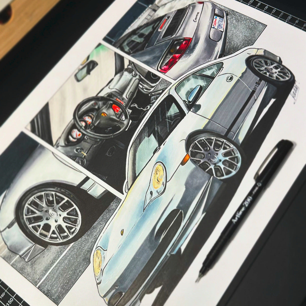 Car illustration on paper with a pen next to it